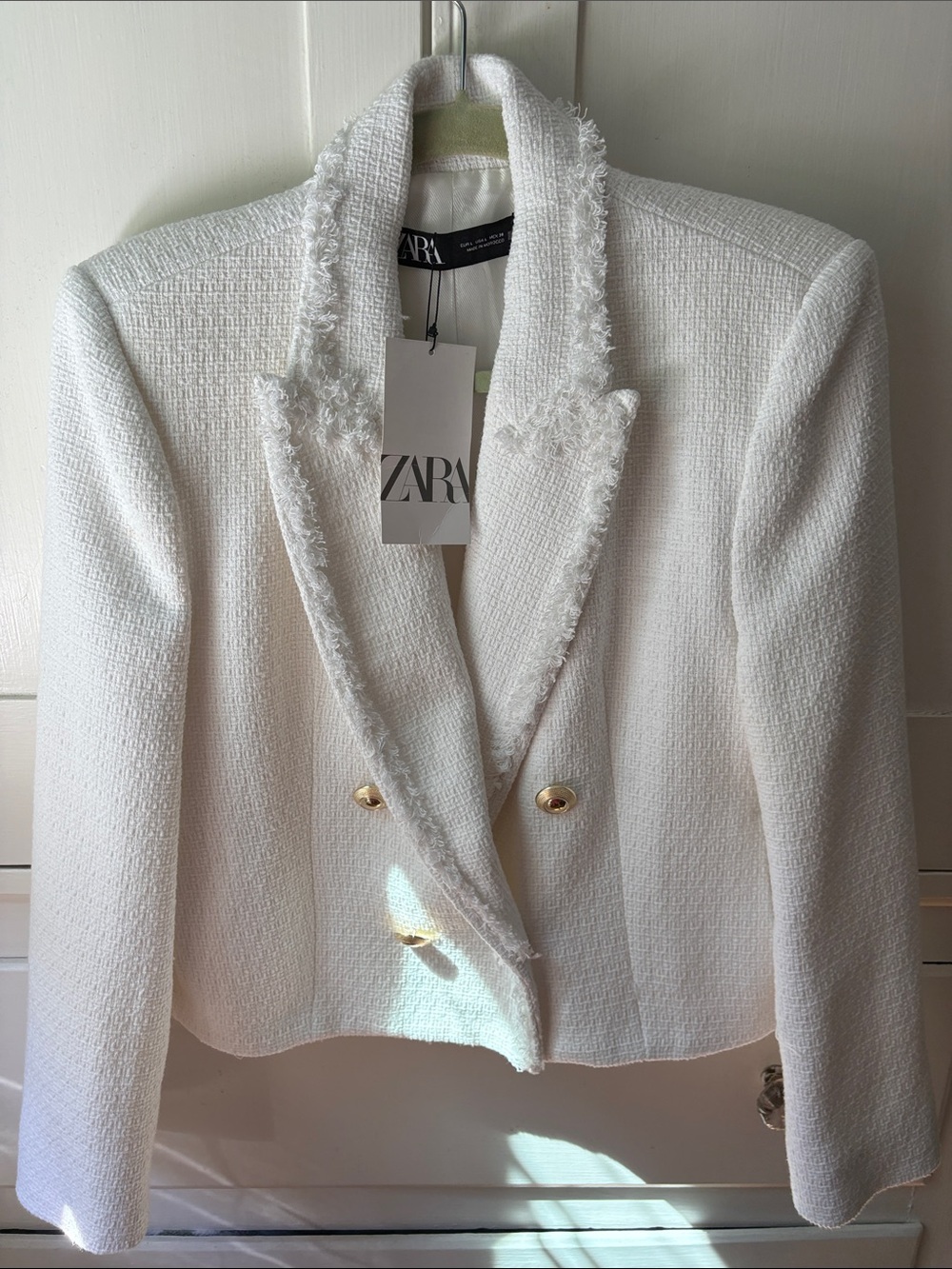 Zara Cream Tweed Double-Breasted Blazer with Gold Buttons